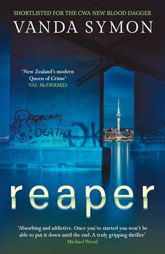 Book cover for Reaper by Vanda Symon featuring a graffiti-covered bridge and city skyline.