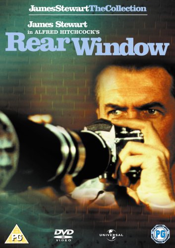DVD cover for Alfred Hitchcock's Rear Window featuring James Stewart looking through a camera lens.