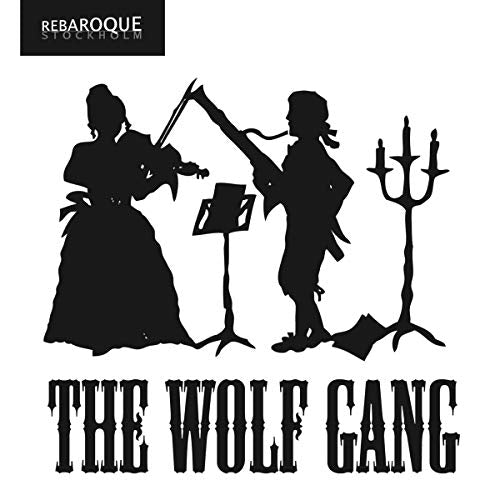 Black silhouettes of musicians with sheet music and a candelabra.