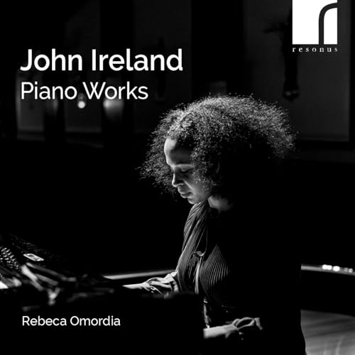 Black and white CD cover featuring pianist Rebeca Omordia at the piano.