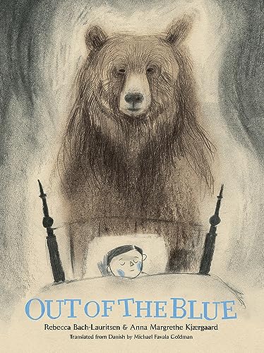 Child in bed faces a large, illustrated bear in a dreamlike scene.