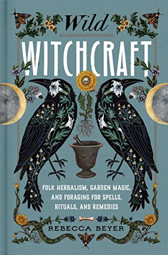 Book cover featuring two black crows, a mortar and pestle, and botanical illustrations.