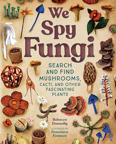Book cover featuring illustrated fungi, cacti, and plants in a search-and-find style.