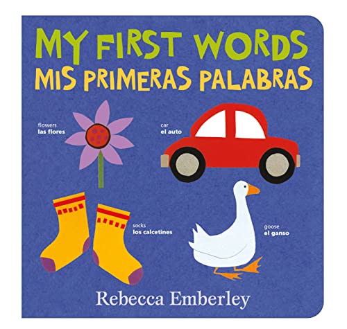 Bilingual board book cover with flower, car, sock, and goose illustrations.