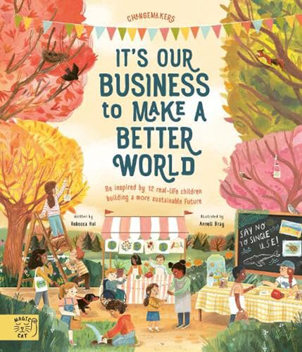 Book cover illustration featuring diverse children at an outdoor market with trees and bunting.