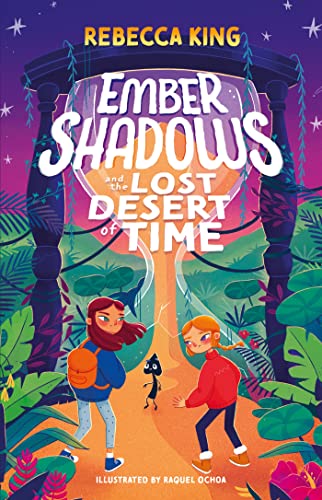 Book cover featuring two girls and a small black creature before a glowing portal.