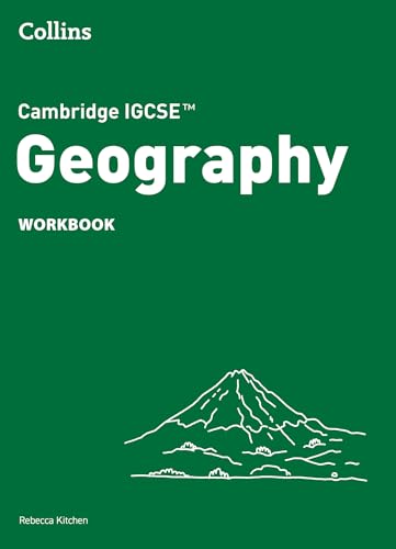 Green cover of the Cambridge IGCSE Geography Workbook with a white mountain line drawing.