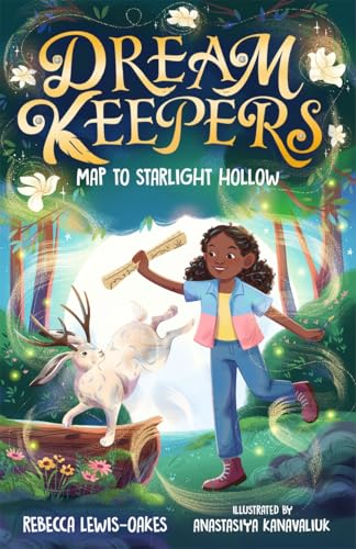 Book cover: girl with deer, holding scroll, in a magical forest.