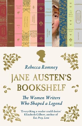 Book cover featuring vintage book spines, a woman's portrait, and gold text on cream.