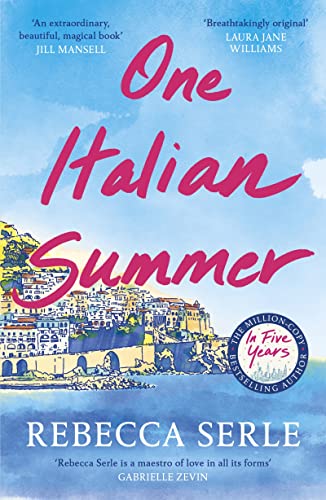 Book cover showing a coastal Italian town with pink text against a blue sky.
