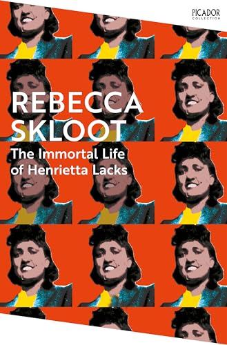 Book cover with repeating portrait of Henrietta Lacks on orange background.