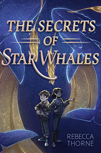 Book cover: two children stand before large, stylized whale shapes.