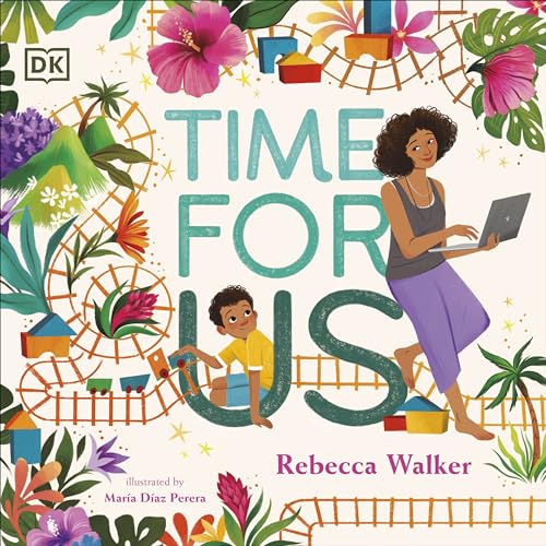 Book cover: mother and son with laptop, surrounded by colorful plants.