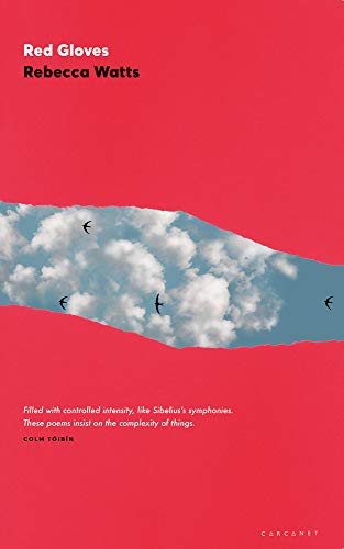 Book cover for "Red Gloves" with clouds and birds imagery.