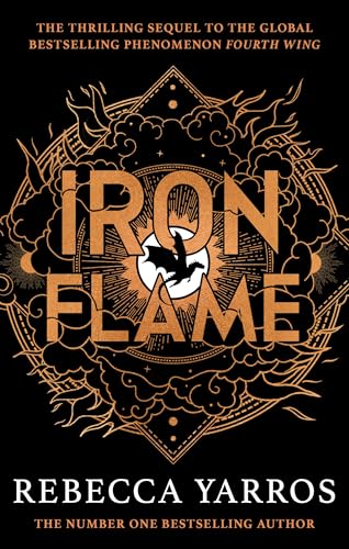 Book cover for "Iron Flame" with orange ornate design and a dragon.