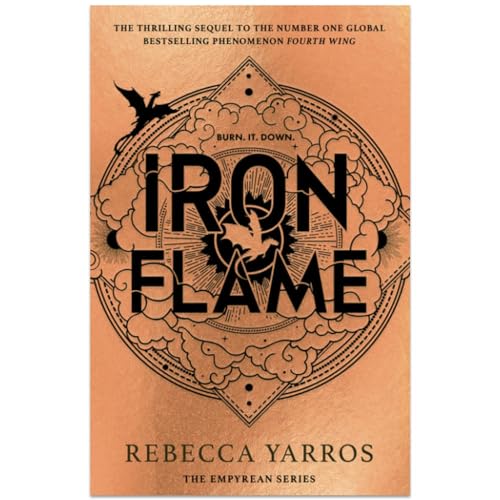 Book cover with ornate design, title “Iron Flame” and author Rebecca Yarros.