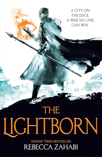 Book cover: warrior with spear, glowing hand, and city background.