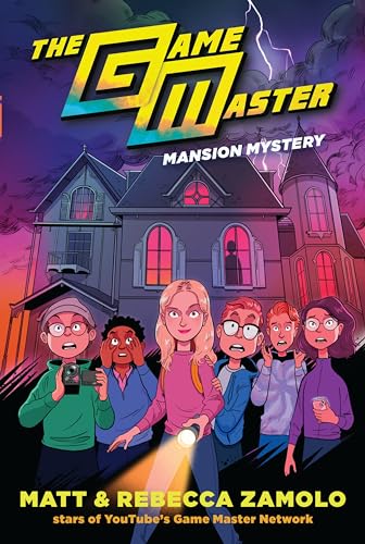 Book cover: children with flashlights face a spooky, illustrated mansion.