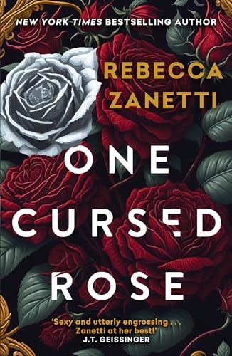 Book cover art featuring one white rose surrounded by many red roses on black.