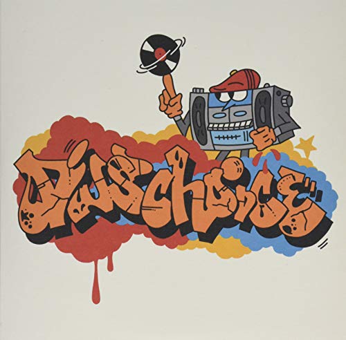 Cartoon robot with boombox and graffiti text on a colorful background.