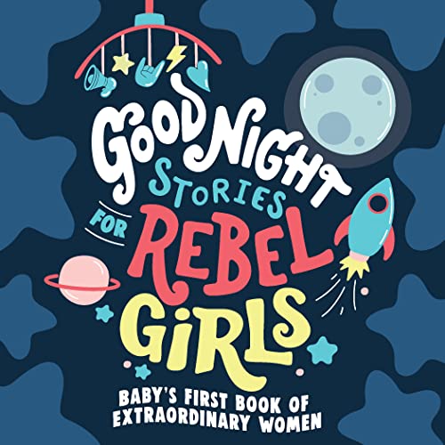 Book cover with colorful lettering, moon, rocket, and baby mobile.