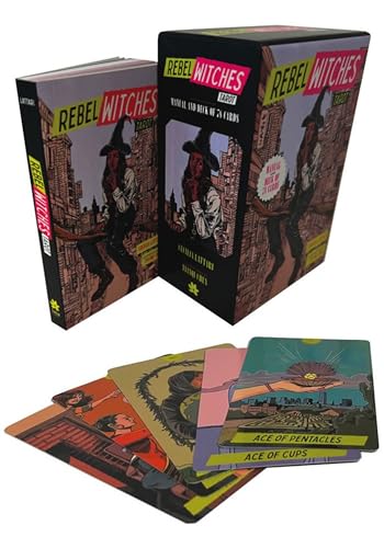 Tarot deck box and cards with vintage-style illustrations of witches.