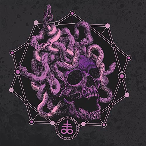 Skull with snakes emerging from it, framed by a purple geometric design.