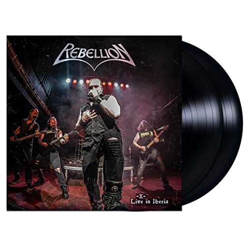 Rebellion band album cover and two black vinyl records.