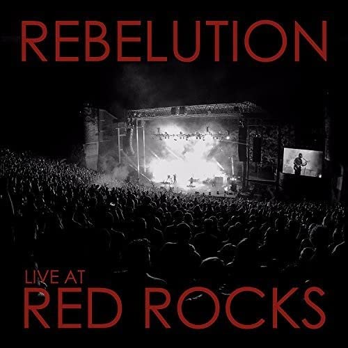 Black and white photo of a concert crowd watching Rebelution perform at Red Rocks.