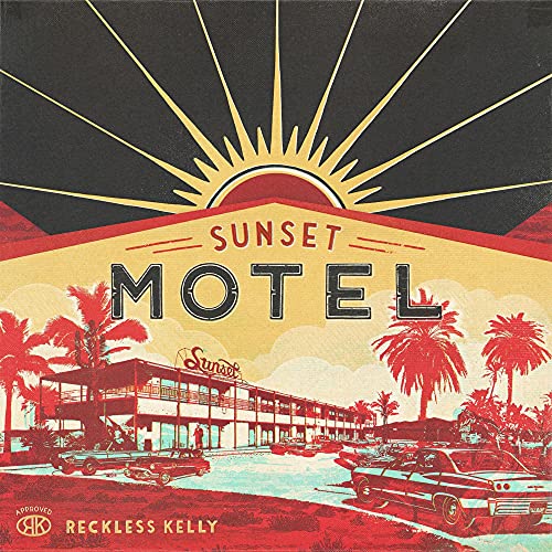 Album cover art featuring a motel, vintage cars, palm trees, and a setting sun.