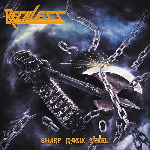 A spiked gauntlet breaks metal chains with an axe against a dark, cloudy background.