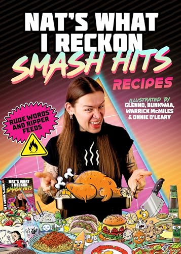 Book cover featuring a woman with long hair and various cartoon food illustrations.