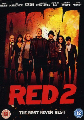 DVD cover for "Red 2" featuring a group of actors against a fiery cityscape.