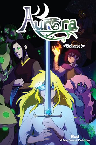 Book cover for Aurora Volume 1 featuring fantasy characters and a central glowing sword.