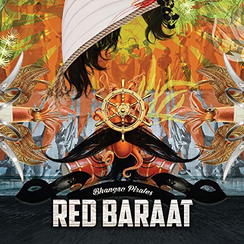Album cover art featuring a ship's wheel, octopus, mustache, and drums on orange background.