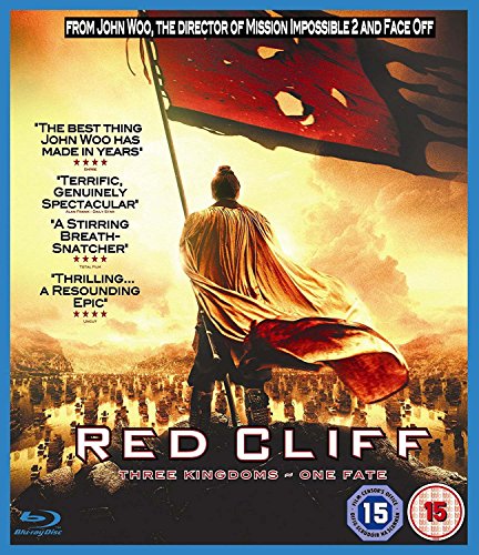 "Blu-ray cover for 'Red Cliff' with man holding flag, cityscape on fire below."