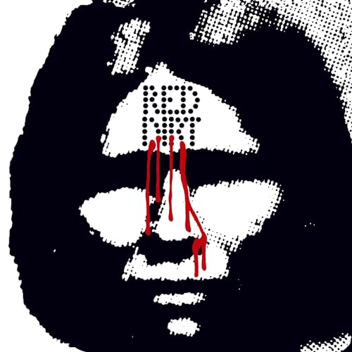 Black and white portrait with red dripping from eyes.