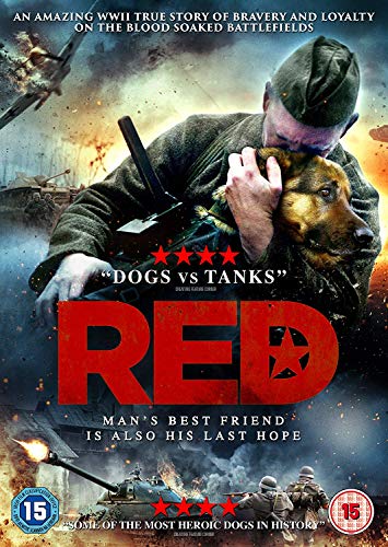 A soldier in a field cap embraces a dog against a war-torn background.