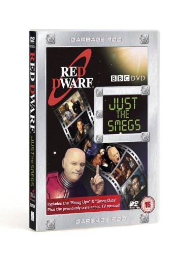 "Silver DVD case for 'Red Dwarf: Just the Smegs' with filmstrip images and characters."