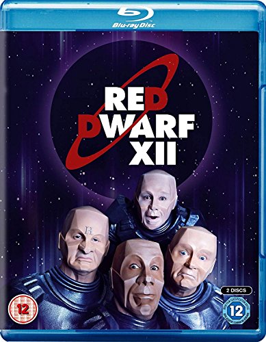 Blu-ray cover for Red Dwarf Series XII featuring four Kryten characters against space background.