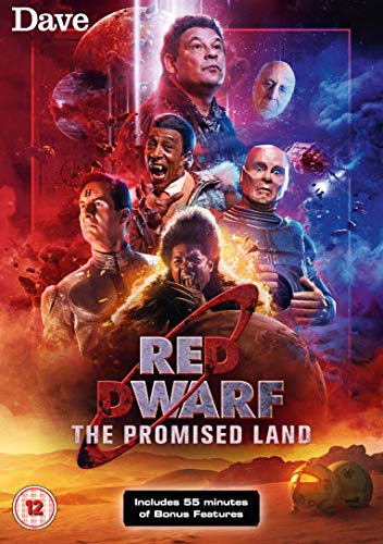 "Red Dwarf: The Promised Land" DVD cover featuring characters in a vibrant, cosmic scene.