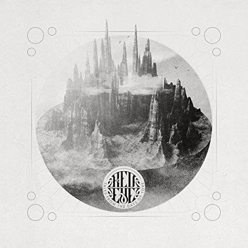 Black and white illustration of a fantastical, mountainous cityscape.