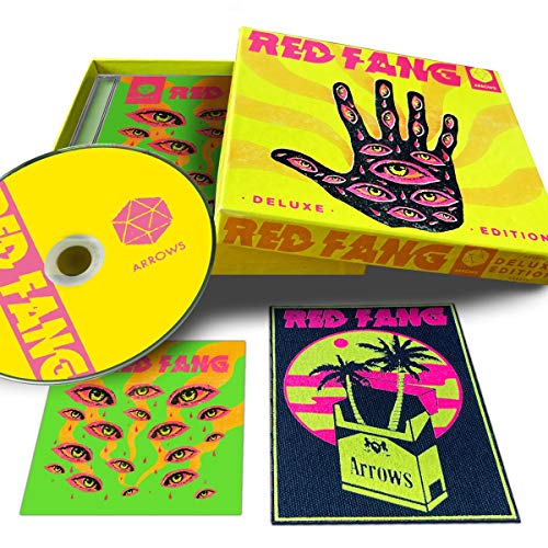 Red Fang Arrows deluxe CD set with box, disc, and art prints featuring eye motifs.