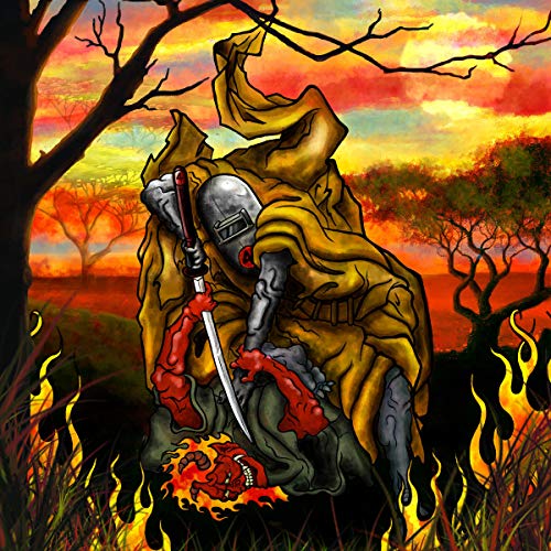 Painted CD cover: figure in hood with sword, fiery landscape.