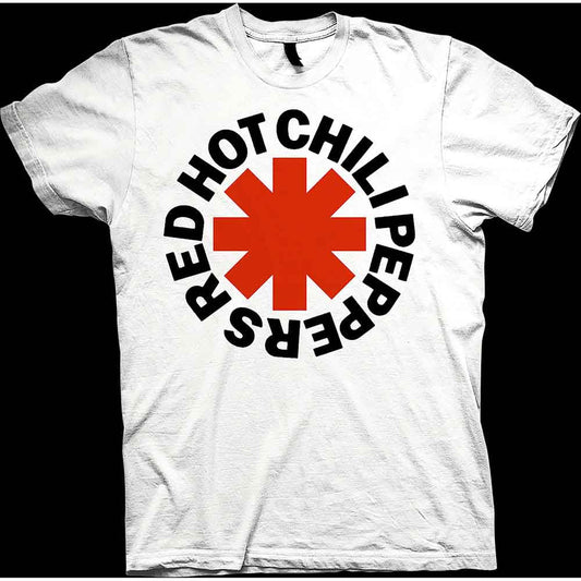 White t-shirt with a red asterisk and “Red Hot Chili Peppers” text.