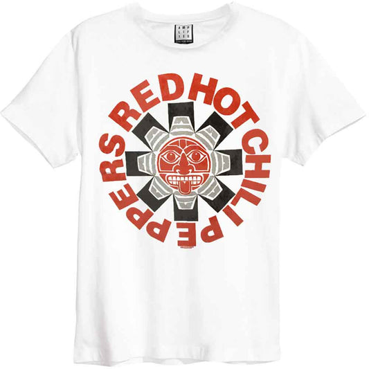 White t-shirt with Red Hot Chili Peppers Aztec design graphic.