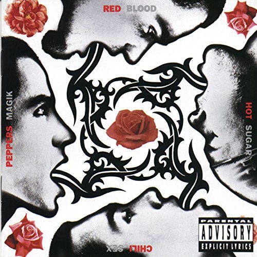 "Album cover with black and white faces and a red rose design."