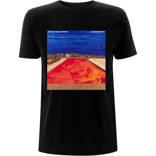 Black t-shirt with Red Hot Chili Peppers' "Californication" album art.