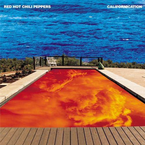 "Album cover featuring a pool with red and orange water by the ocean."