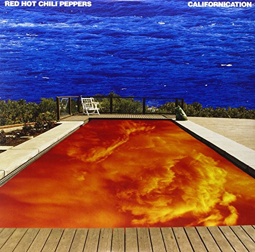 "Red Hot Chili Peppers' 'Californication' vinyl album cover featuring a pool with fiery red water."